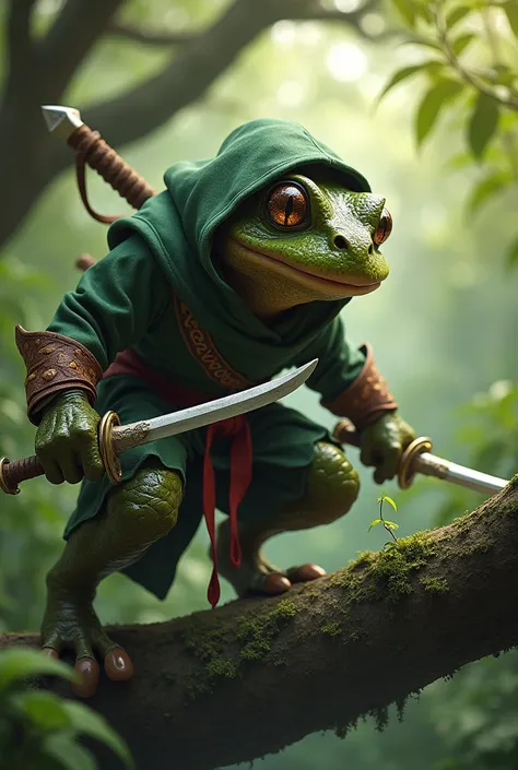 Create a fantasy charismatic character, half human and half frog,, perched on a tree in a ninja position. This character have thiefs clothes and have daggers in their hands. He is ready to jump on his prey