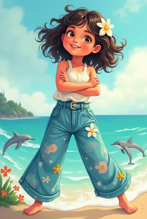 Draw me a girl wearing dolphin pants