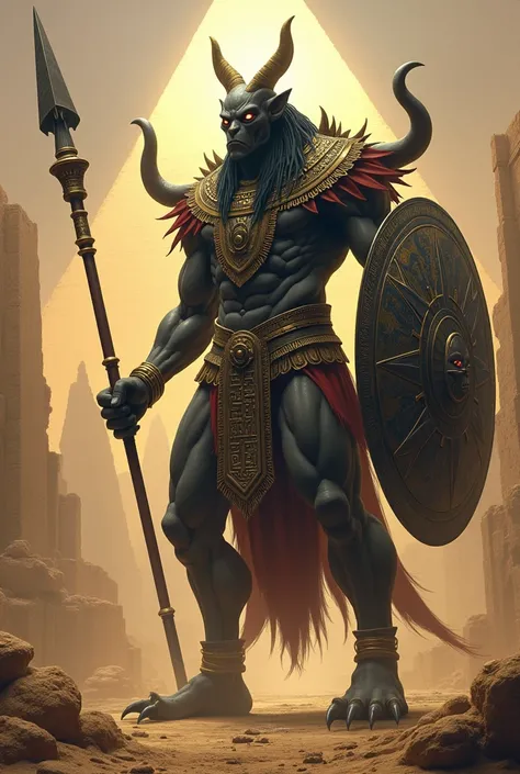 Very strong and sinister Egyptian creature with spears and shields in its hands and huge sharp claws.