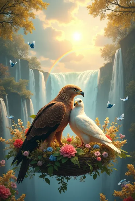 (photorealism:1.2), An  brown eagle and a white pigeon in a flower nest with golden flowers making love in a beautiful heavenly background with water falls and blue clouds and a  big rainbow in it greenery somewhere with colourful blue ,pink and red  flowe...