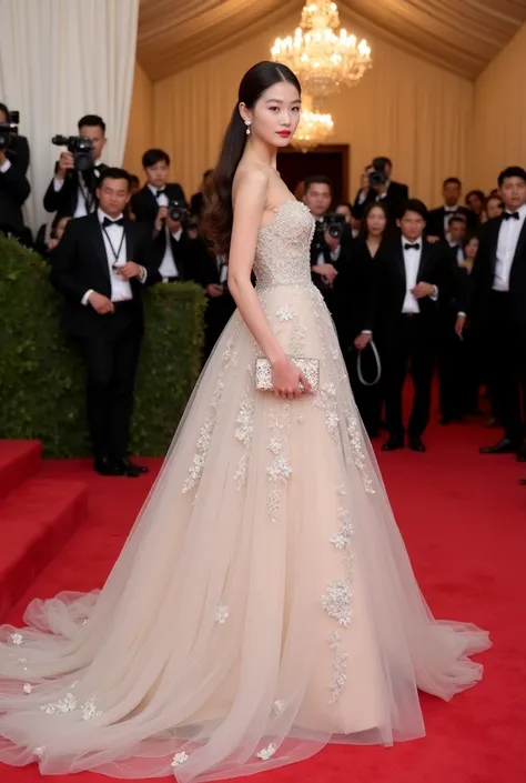 A Korean woman at a Met Gala wearing a perfect dress 