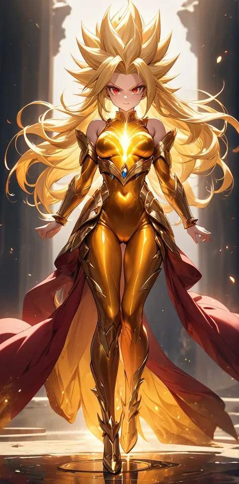 Ultra high resolution, rich colors, perfect image, top quality, detailed image, beautiful woman, glowing skin, skin and clothing texture, delicate eyes, super saiyan, standing hair, golden aura from whole body, blonde long hair, red eyes