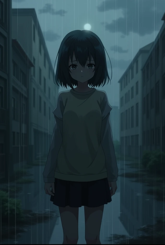 A sad gloomy anime character and background.