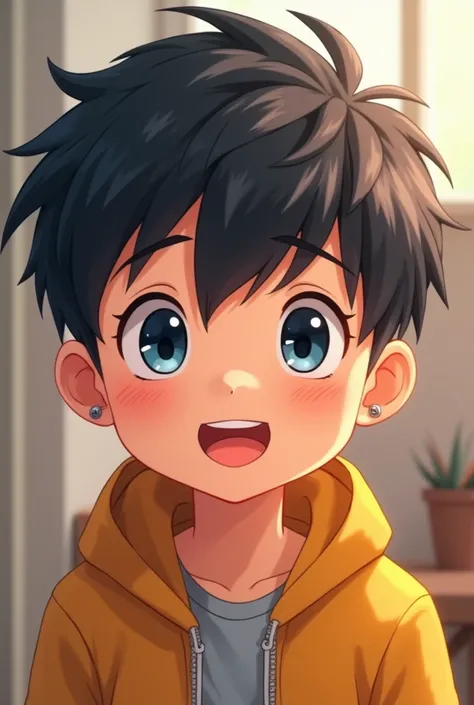 smile, blush, open mouth, short hair, blue eyes, fringe, language, grey hairEarrings, short hair, blush, jealous, foreground, animated style, cheered up,  cute boy