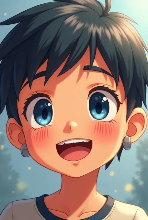 smile, blush, open mouth, short hair, blue eyes, fringe, language, grey hairEarrings, short hair, blush, jealous, foreground, animated style, cheered up,  cute boy