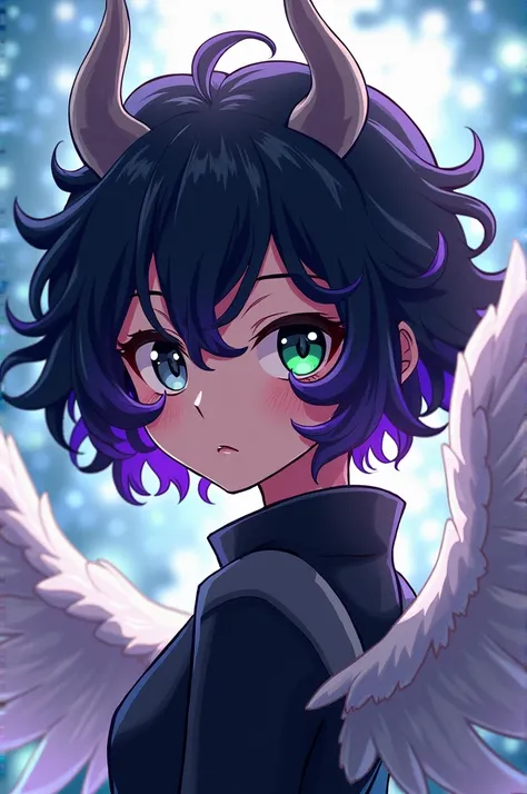 A girl in My hero academia with short curly black hair with purple tips and a white lock with one gray eye and the other green with gray horns and wings