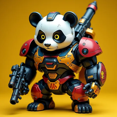 Image of ultra high definiton, high-tech, robotic warrior of an PANDA-BEAR Complete weapon and ammo. Tough body. Shiny and glossy white, red, black, blue, yellow and metallic equipment. Robotic iris. dark yellow background, 50mm lens with precise macro pho...