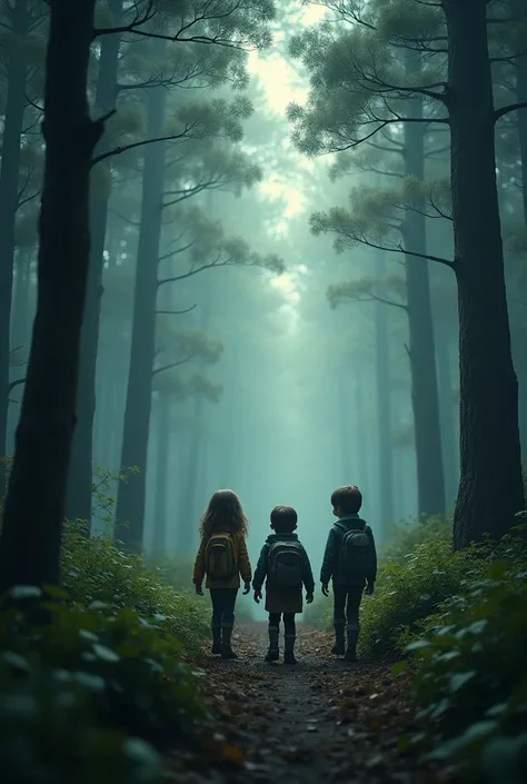 Generate A High Quality. Realistic Seen In Cinematic 3D Style. The three kids, now prepared for an adventure, walking cautiously into the thick, eerie forest. The environment is filled with towering trees, rustling leaves, and occasional distant animal sou...