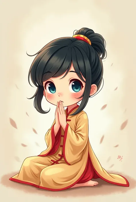 A cartoon of a black-haired, blue-eyed girl in a Chinese dress, acting in a thoughtful manner.