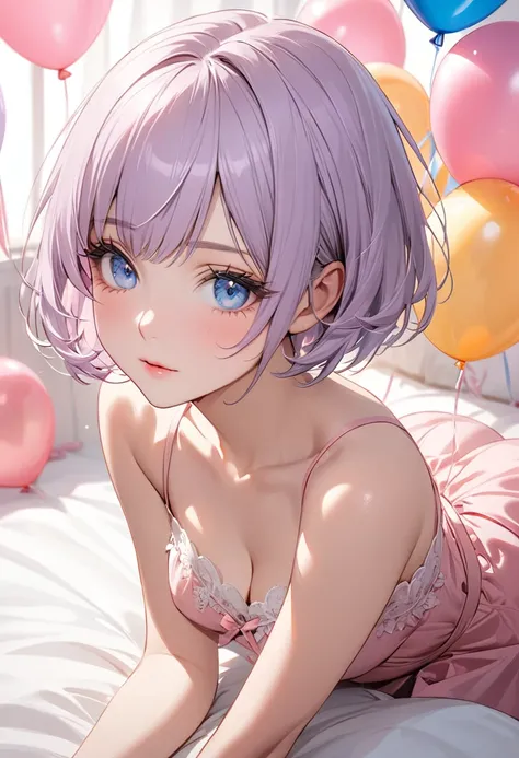 ((best quality)), ((Masterpiece)), (details), Young woman, alone, ( light purple hair, blue eyes, ((short hair)) , beautiful face, Beautiful skin, Long eyelashes, Thick eyelashes)  , Pink dress, on the bed, Lots of balloons, white panties,