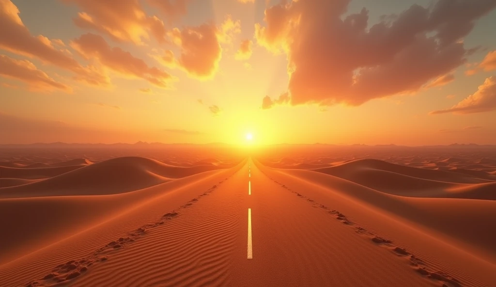 (masterpiece, best quality:1.2), (sunset illuminating the desert:1.3), (flat road stretching through the desert:1.3), (vast, empty landscape:1.2), (golden hues of the setting sun casting warm light across the sand:1.2), (vibrant colors in the sky:1.2), (lo...