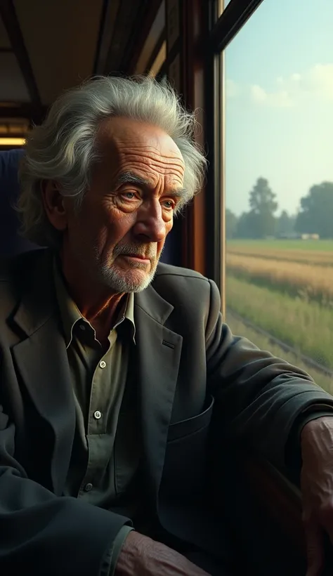 a senior old man, an old man on a train, the last train home, detailed portrait, intricate details, detailed realistic face, beautiful detailed eyes, beautiful detailed lips, extremely detailed face, detailed skin texture, detailed clothing, detailed backg...