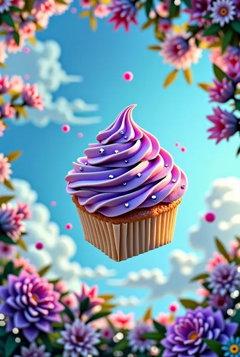 A gourmet square violet cupcake dancing in a tree with a bright pastel blue sky


