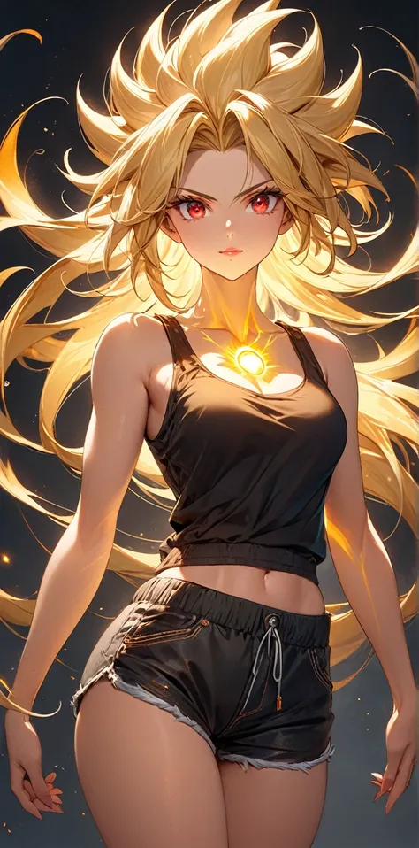 Ultra high resolution, rich colors, perfect image, top quality, detailed image, beautiful woman, glowing skin, skin and clothing texture, delicate eyes, Super Saiyan, standing hair, golden aura from whole body, tank top, shorts, long blonde hair, red eyes