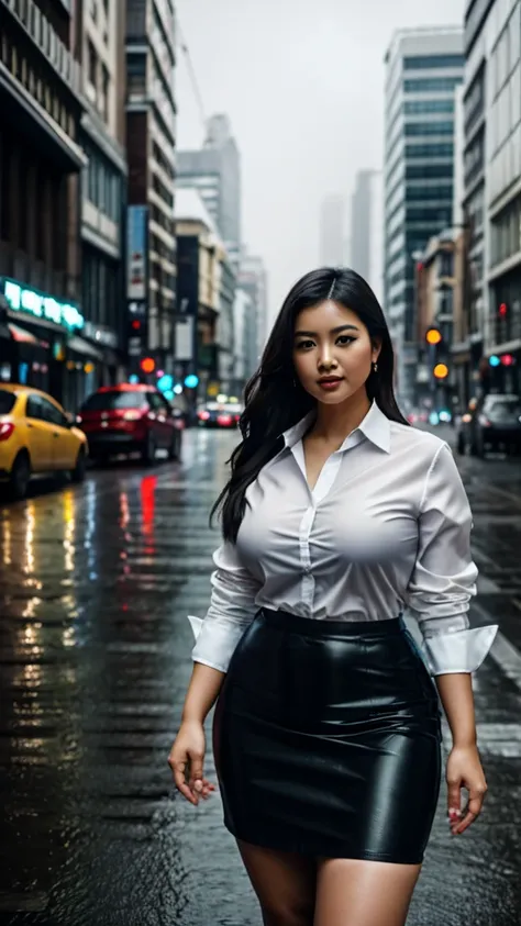 A picture of a voluptuous and self-confident Asian woman in a wet dress., Slim fit button down shirt and sleek pencil skirt, standing under a cityscape rain, dramatically lit, extremely detailed, ultra realistic, 10k high resolution, in the style of oil pa...