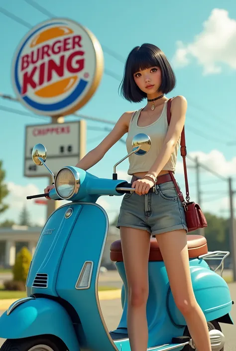 Beautiful female college student fashionista riding a blue scooter、Standing in front of a Burger King sign。Black Hair、Shortcuts、Upper Body、Sunburned skin、Japanese、live-action
