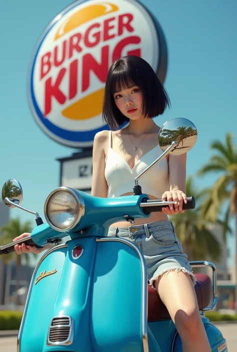 Beautiful female college student fashionista riding a blue scooter、Standing in front of a Burger King sign。Black Hair、Shortcuts、Upper Body、Sunburned skin、Japanese、live-action
