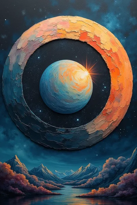 conceptual installation art, 2.5D, graphic CG digital art, galactic planet fits neatly inside giant full moon, fusion of acrylic and collage paintings, high and fine artwork