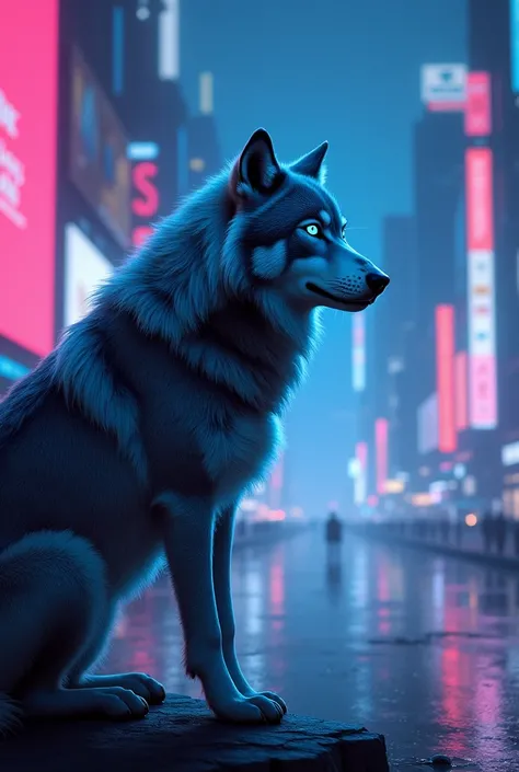 A blue eyes Wolf setting in a city on neon lights 