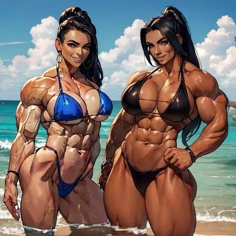 4women; four stunningly beautiful women in their 20s, having fun and playing on the beach; sun-kissed skin, different hairstyles, extremely muscular women, stylish tiny microbikini, shredded abs, strong well defined muscle, different levels of muscularure ...