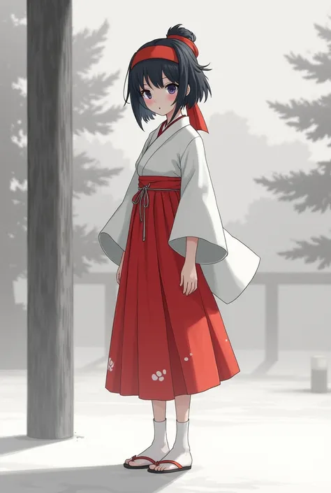 The Kasuga Maori,type3,  Alone, Miko, japanese clothes, red In addition, In addition skirt, In addition, hair band, or, monochrome,grayscale