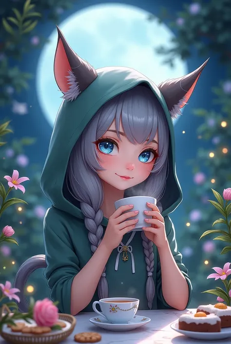 a young girl with beautiful detailed blue eyes, extremely detailed facial features, animal-like horns and cat ears, wearing a hooded cloak, mischievous slight smile, high resolution, anatomically correct, extremely detailed, highly realistic digital illust...