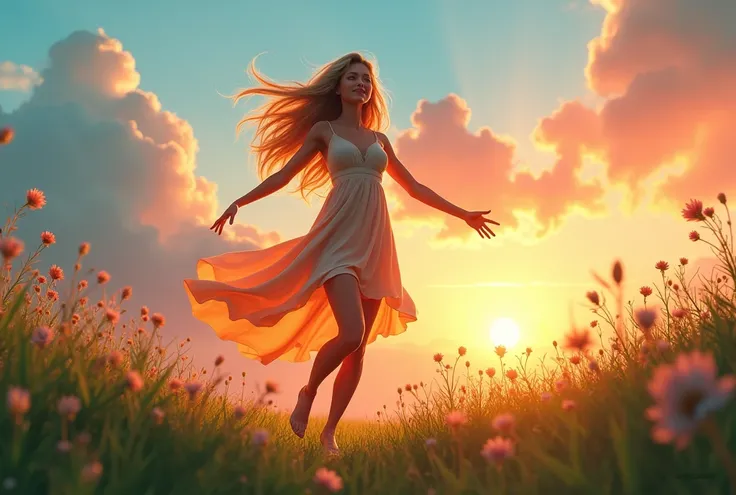 Wallpaper of the vala nessa, supernatural dress, action shot, ethereal goddess, graceful athletic ballet dancing across a meadow, she is a silhouette against the sunset, a supernatural goddess with leaves swirling around her on the wind in circles, green m...