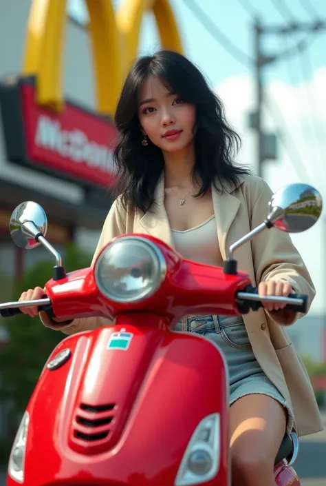 Beautiful female college student fashionista riding a red scooter、Standing in front of a McDonald&#39;s sign。Black Hair、Wavy Hair、Upper Body、Sunburned skin、Japanese、live-action
