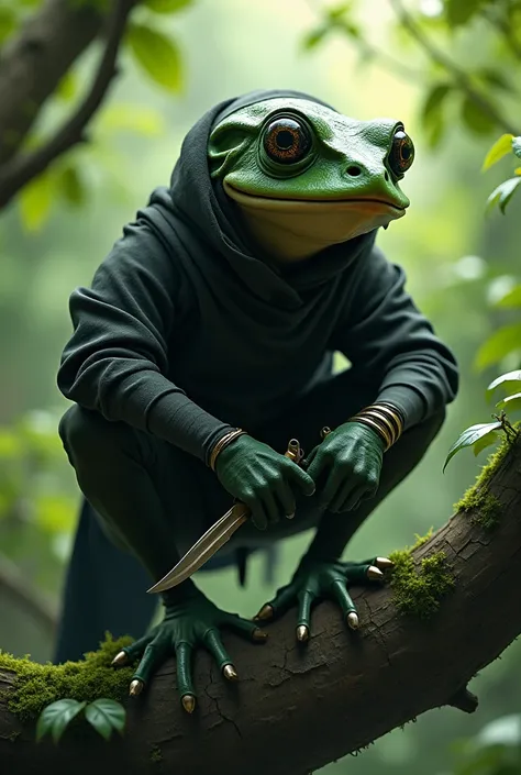 Create a fantasy charismatic character, half human and half frog,, perched on a tree in a ninja position. This character have thiefs clothes, have daggers in their hands. He hide himself ib the leaves ans his ready to jump on his prey.