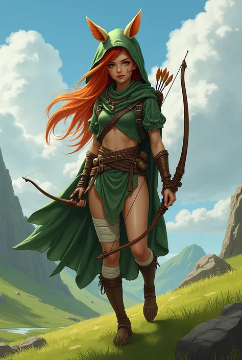   Grass, Sky, Field, League of Legends, 1girl, elf, druid, animal ears, bow and arrow in her hands,bandage legs, long legs, bandage, bandage, bird legs, bird skull, cape, shut up, ears by headdress, eyes visible through hair, face drawings, feathers, hood,...