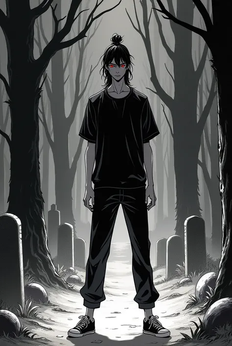 Of the highest quality, 超A high resolution, (masterpiece), (Brazilian Manhwa style illustration), (linear art_Anime), (black and white: 1.0), (monotone_highcontrast), mysterious cemetery, enigmatic figure, tall and thin young man, with long hair tied in a ...