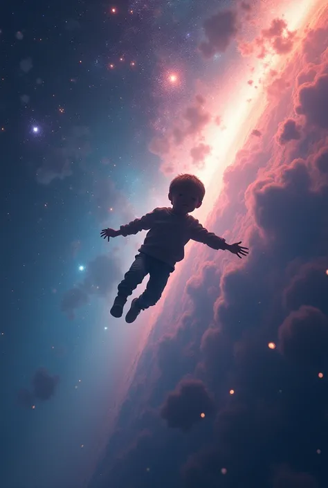 A boy flying in a space 
