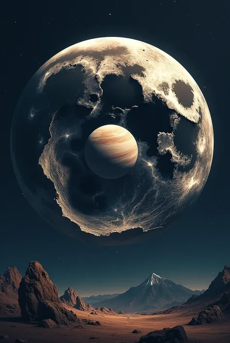 conceptual installation art, 2.5D, graphic CG digital art, galactic planet fits neatly inside giant full moon