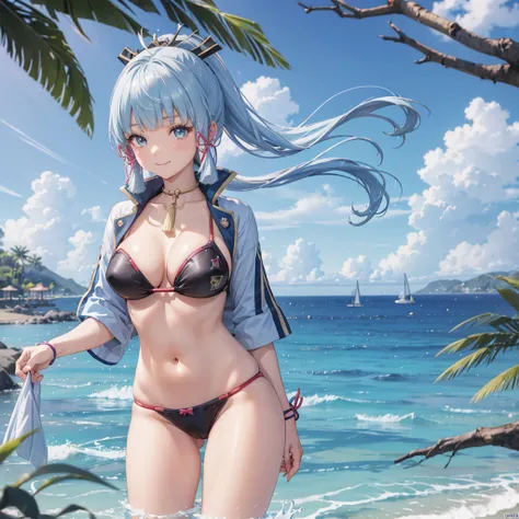 Kamisato Ayaka from genshin impact, open hair , anime girl with light blue hair , topless standing in a bikini by the beach 1girl, swimsuit,huge breasts, bikini, beach, outdoors, solo,  navel,black bikini,tight and thin bikini, day, long hair, sky, looking...