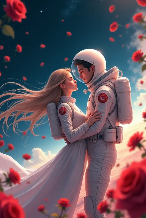 a vast outer space, with scattered red roses, a female and male astronaut couple, beautiful anime