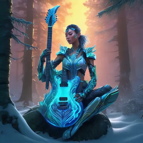 a medium quality digital painting of a (Cyborg) guitar covered in frostbite, being held by the character (Jensana) who is a Forest Guardian, fantasy art, detailed background with mystical forest elements, glowing eyes, futuristic technology, dramatic light...