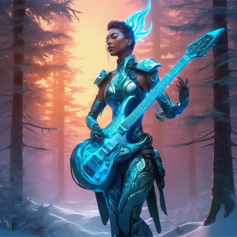 a medium quality digital painting of a (Cyborg) guitar covered in frostbite, being held by the character (Jensana) who is a Forest Guardian, fantasy art, detailed background with mystical forest elements, glowing eyes, futuristic technology, dramatic light...