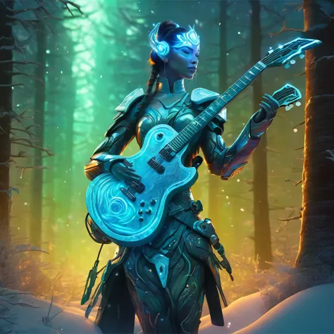 a medium quality digital painting of a (Cyborg) guitar covered in frostbite, being held by the character (Jensana) who is a Forest Guardian, fantasy art, detailed background with mystical forest elements, glowing eyes, futuristic technology, dramatic light...