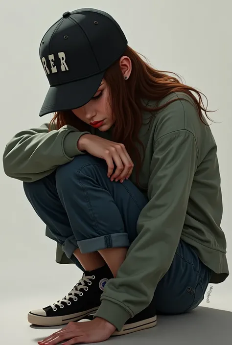 A woman in a head down position and wearing a skateboarding cap