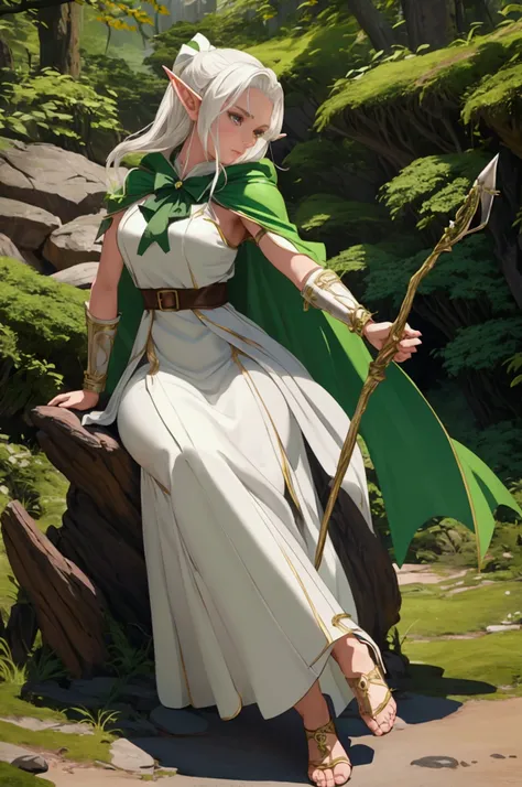 1 woman, female elf, white dress, green cape, leather bracelet, ranger, bare feets, outdoor, nature background, holding a bow, bow, masterpiece,extremely detailed CG unity 8k wallpaper, best quality,8K,focus sharp, sharp face, (detailed face:1.3), full bod...