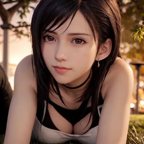 tifa lockhart ,((female)),Solo,(20yo:1.3),(japanese,cool beauty:1.2),(detailed face),((Upper Body)),dutch angle,sharp focus, depth of field ,blur background, bokeh ,Professional lighting,((lying on ones back  )),looking at viewer,Half Smile,((hair flutteri...