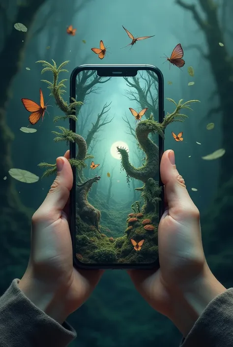 a phone with text in it, a person holds the phone but you can see only the hands, out of the screen are coming out magic creatures and plants are growing out of the phone like a view into a magic world