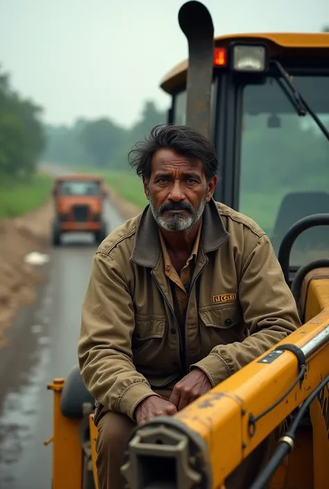 Chandran the image Indian worker working on road with jacket and JCB machine