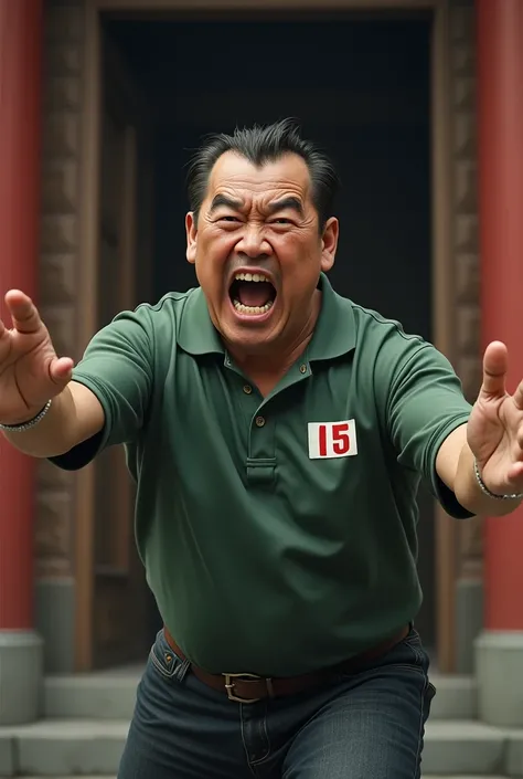 one  men, Cao Cao, big door, with a slightly big belly, offwhite, large nose, straight brown hair with a little receding hairline, greeneyes, skin with some sun spots, green polo shirt and electoral sticker on the chest with the number 15, dark jeans, angr...