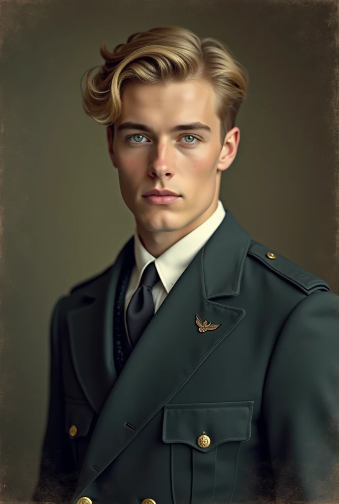 18 yo. blonde to brown eyes. blue eyes. handsome boy. using suit uniform. ideal body. old photo style around 18 early century. old colorless photo style