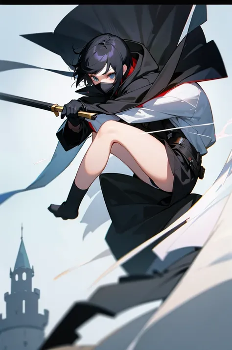 Best image quality, castle town, Assassin, White underwear, Black hood, Long socks, gloves, Black Mask, woman, Black Hair, Short Hair