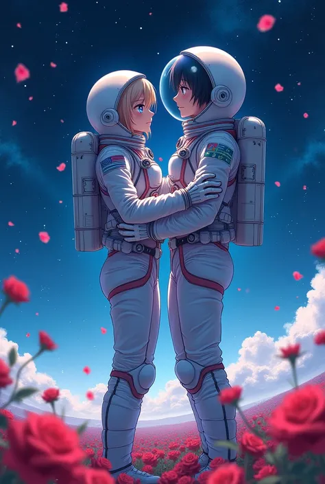 a vast outer space, with scattered red roses, a female and male blue-eyed astronaut couple, beautiful anime