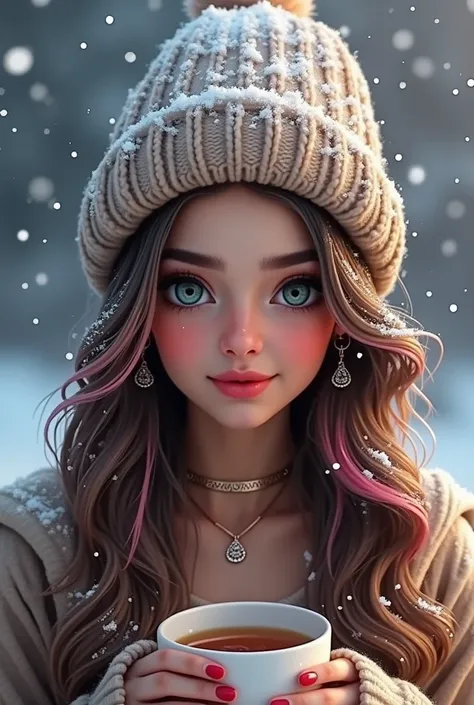 Showing snowfall in black ground,Prompt, realistic influencer Pakistani lovely cute young attractive teenage girl, 1, fair face ,mole on cheek, little mouth,cute, beautiful , cap on the Head,snowing on head,tea on the hand,dimpal , necklace, earrine,,an In...