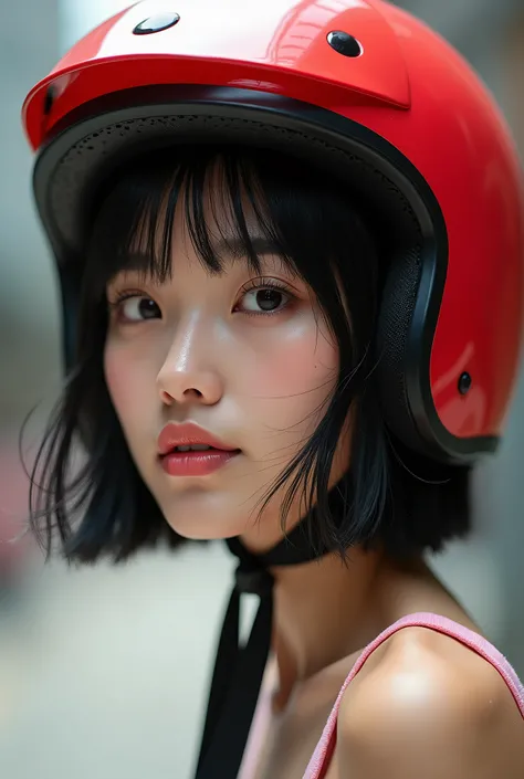 Beautiful college student fashionista、Black Hair、Shortcuts、Upper Body、Sunburned skin、Japanese、profile、Red Helmet、Close-up of face、Close-up、live-action。
