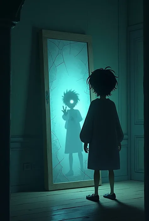 In cinematic 3d cartoon style "A tall, old mirror stands in the corner of a room, with cracks running through its surface. In the reflection, a ghostly silhouette can be seen emerging from the mirror, reaching out towards Ramū.